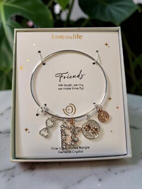 'Friends' Silver Bangle with Rose Gold & Crystal Charms NIB